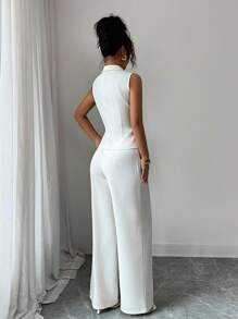 SHEIN Raffinéa 时尚百搭通勤无袖背心夹克上衣，收腰开衩设计，高腰直筒裤，米色女式两件套西装，优雅的春秋季商务休闲装 - 杏色 - 查看 2