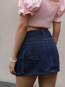 SHEIN ICON Women's Summer Solid Color Cargo Denim Skirt - Medium Wash - View 2