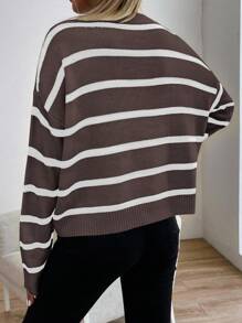 EMERY ROSE 1pc Women Striped Round Neck Drop Shoulder Casual Sweater, Autumn/Winter Knit Pullover Fall Outfit - Multicolor - View 2