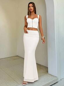 Aloruh 2pcs/Set Women's Sexy Ruched Bustier Cropped Top And Fishtail Hem Bodycon Skirt, Fitted - White - View 7