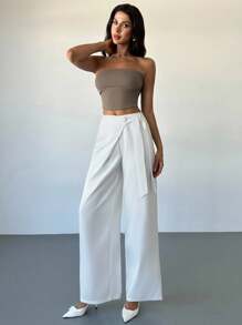 Firerie Women's Elegant Loose Straight Leg Pants, Satin Fabric, Tie Waist, Versatile Casual/Business Wear, Fall, Back To School, Old Money Style, Office - White - View 4
