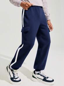 SHEIN 青少年男孩休闲条纹海军蓝和黑色织带口袋工装慢跑裤套装，适合秋季、冬季、学校、家居、日常、运动、生日派对、郊游，百搭百搭保暖内衬 - 藏蓝色 - 查看 4