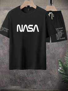 Manfinity LEGND 男士休闲字母印花圆领短袖T恤和短裤套装，夏季