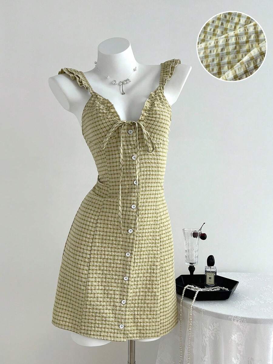 Elamini Women's Vintage Classic Plaid Cap Sleeve Dress - Green - View 1