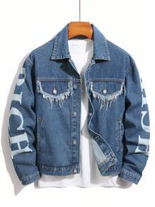 Manfinity Homme Plus Size Men's Long Sleeve Casual Street Letter Print Raw Edge Flap Detail Denim Jacket, Fall - Light Wash - View 1
