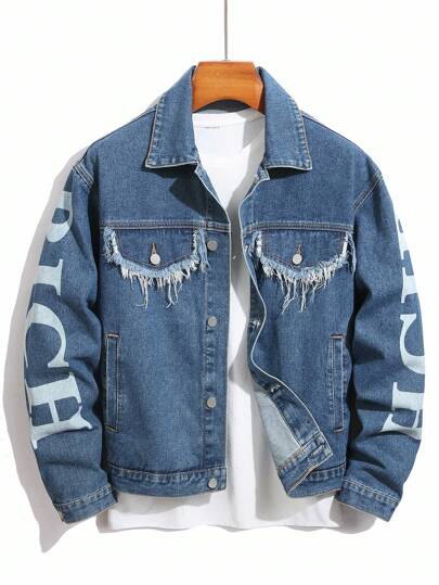 Manfinity Homme Plus Size Men's Long Sleeve Casual Street Letter Print Raw Edge Flap Detail Denim Jacket, Fall