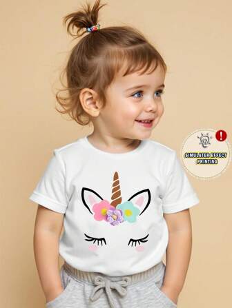 Baby Mädchen Lässig Crew Neck Kurzarm T-Shirt mit Einhorn- und Blumenprint, Sommer