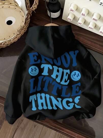 SHEIN EZwear Casual Minimalist "Enjoy The Little Things" Graphic Loose Fit Hoodie Sweatshirt For Women, Thick Fabric, Spring/Autumn And Winter