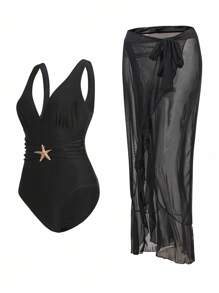 Swim Oasis Maillot de bain une pièce pour femme avec encolure en V et robe longue en maille de plage, 2 pièces ensemble de bain