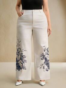Anewsta Casual Loose Fit Wide Leg Ink Print White Denim Pants, Versatile For Autumn/Winter - White - View 5