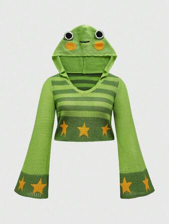 Kawaii Plus Size Cute Frog Hooded Pullover Sweater
