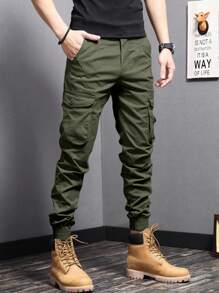 Manfinity Homme Pantalones cargo casuales de unicolor para hombres, pantalones cargo para hombres, pantalones cargo, pantalones cargo tipo jogger para hombres, otoño - Verde militar - Ver 3