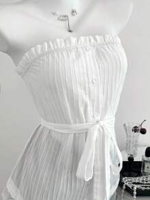 Elamini Débardeur casual féminin avec patchwork de tissu texturé et volants - Blanc - Voir 3