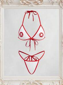 Fantasy Costume 2 件套露背性感镂空文胸和内裤套装，女士卧室服装 - 紅白色 - 查看 1