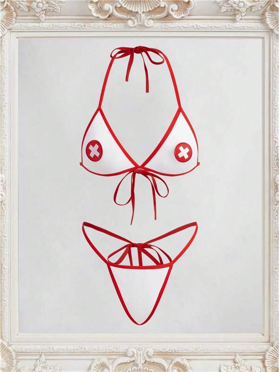 Fantasy Costume 2 件套露背性感镂空文胸和内裤套装，女士卧室服装 - 紅白色 - 查看 1