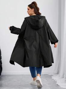 SHEIN CURVE+ Curves Plus Size/Chool Clothes/Back To School Clothes /Back To SchoolPlus Size Women Black Gathered Waist Long Trench Coat, Autumn/Winter Fall