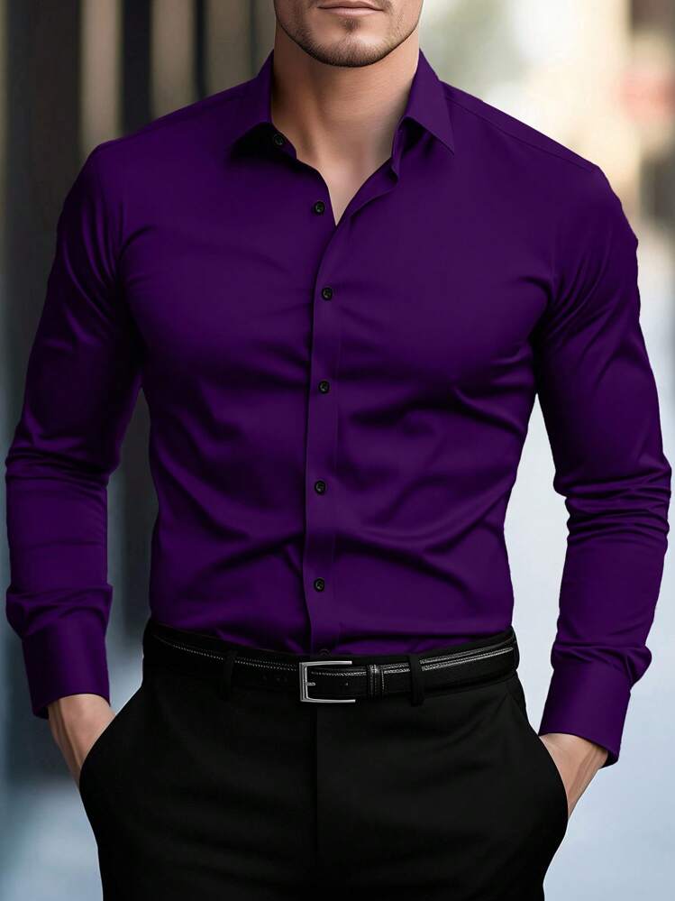 Manfinity Mode Men's Solid Color Long Sleeve Single-Breasted Casual Dress Shirt Purple , Fall - Purple - View 1