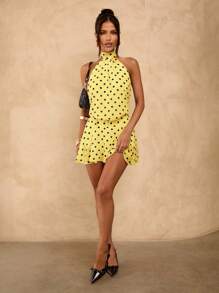 SHEIN BAE 棕色波尔卡圆点露背迷你不对称下摆性感紧身连衣裙，适合音乐节、度假 - 黃色 - 查看 3