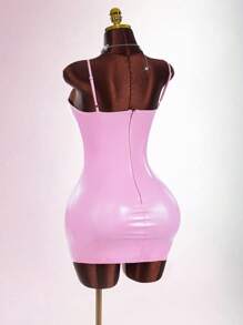 Amplova 女式简约纯色镜面 PU 吊带裙，基本款夏季连衣裙