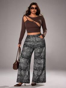 SHEIN ICON Plus Size Women's Casual Wide Leg Jeans, All Season - Black - View 3