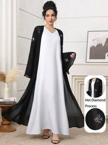 Veilorie 女士优雅水晶装饰喇叭袖阿拉伯长袍 - 黑色 - 查看 2
