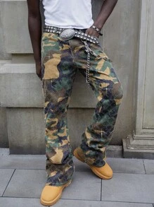 ROMWE MEN Street Life Men's Sparkling Diamond Layered Flare Camouflage Jeans - Multicolor - View 3