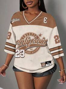 Slaydiva 字母标志休闲简约V领宽松网眼加大码运动T恤，适合夏季、运动季、返校季、音乐节 - 彩色 - 查看 5