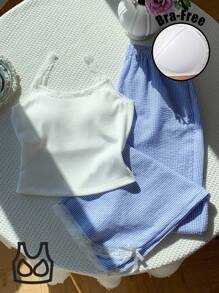 Comfortcana Women's Summer Casual Lace Trim Camisole & Striped Pants 2 Pieces Set,Back To School - Blue - View 3