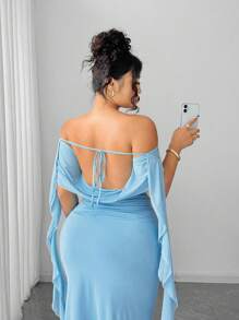 Elenzga Đầm bodycon một vai cỡ lớn với thiết kế xếp nếp, thanh lịch và quyến rũ - Màu xanh nhạt - Xem 6