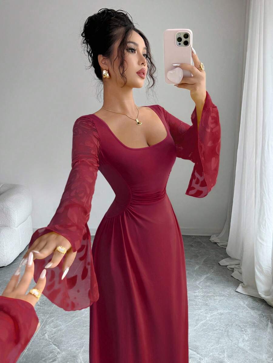 Elenzga Váy dài tay cổ vuông kiểu Pháp mùa mới dành cho nữ, thiết kế dáng ôm, váy dài tay lưới jacquard tinh tế thanh lịch - Màu Đỏ Sâu - Xem 1