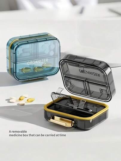 1 PIEZA Organizador de viaje portátil a prueba de luz y humedad con 7 compartimentos, estuche de almacenamiento pequeño para medicamentos para el hogar, la oficina, viajes, campamentos y elementos esenciales de farmacia