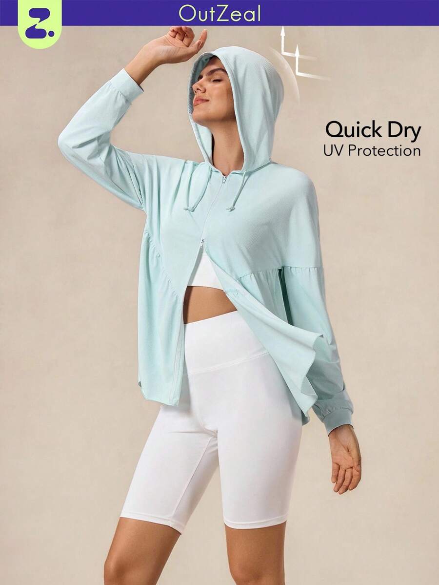 OutZeal Women UV Protection Flowy Ruffled Hem Hooded Sun-Proof Jacket Daily Casual - Baby Blue - View 1