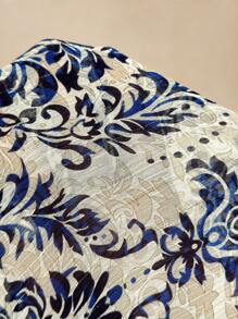 Florisole 女式波西米亚复古花卉印花 V 领荷叶边中长束腰连衣裙 - 藍色 - 查看 4