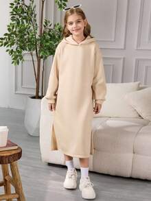青少年女孩字母印花连帽领长袖连衣裙 - 卡其色 - 查看 2