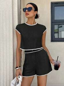 Siren Gaze Women's Summer Solid Color Contrast Trim Shorts Set, Linen Ladies 2 Pieces Outfit Black Black