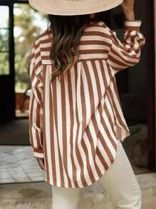 SHEIN Women Striped Drop Shoulder Long Sleeve Single-Breasted Casual Loose Shirt Fall Cloth For Women