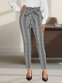 SHEIN Clasi Women Fashion Paperbag Waist Belted Plaid Pants - Multicolor - View 4