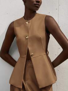 Aveloria Modichic Áo khoác Blazer nữ không tay khóa kim loại bất đối xứng thiết kế độc đáo cổ tròn thắt eo thắt lưng da giả kim loại - Cà phê nâu - Xem 5