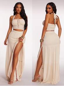 Radiana 女式米色棉质波西米亚风夏季套装：露背挂脖吊带背心 + 飘逸长裙 2 件套，节日/度假装，沙滩/海岛装 - 杏色 - 查看 8