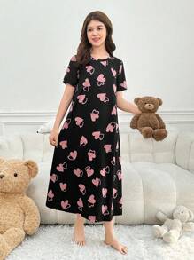 少女舒适心形印花短袖长款睡袍