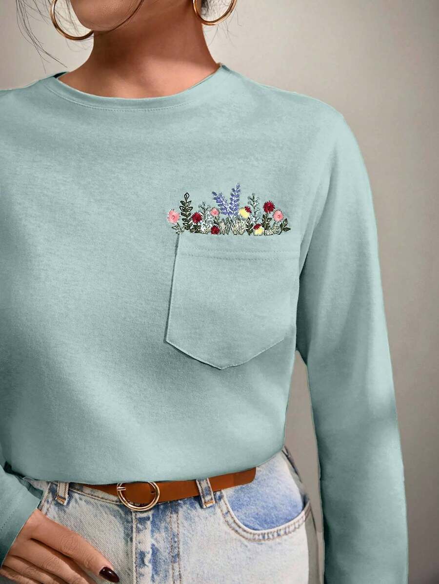 EURMUSE Women T-Shirt With Flower Embroidery, Round Collar, Pocket Details - Mint Green - View 1