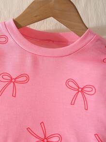 Genkimix Kids Girls' Casual Cute Round Neck Raglan Sleeve Loose Cropped Butterfly Print T-Shirt And Elastic Waist Straight Loose Jeans Pants With 3D Bow Design, Back To School Outfit, All Season Fall Winter - Pink - View 4