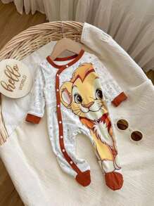 2 件装新生儿男孩可爱狮子卡通印花圆领斜襟连身裤和帽子套装，柔软舒适睡衣 - 米色 - 查看 6