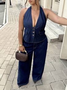 Jeanoix Plus Size Women Casual Sleeveless Tie Front Jacket - Dark Wash - View 6