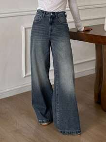 DAZY 女士宽松休闲直筒牛仔裤 - 中等水洗藍 - 查看 6