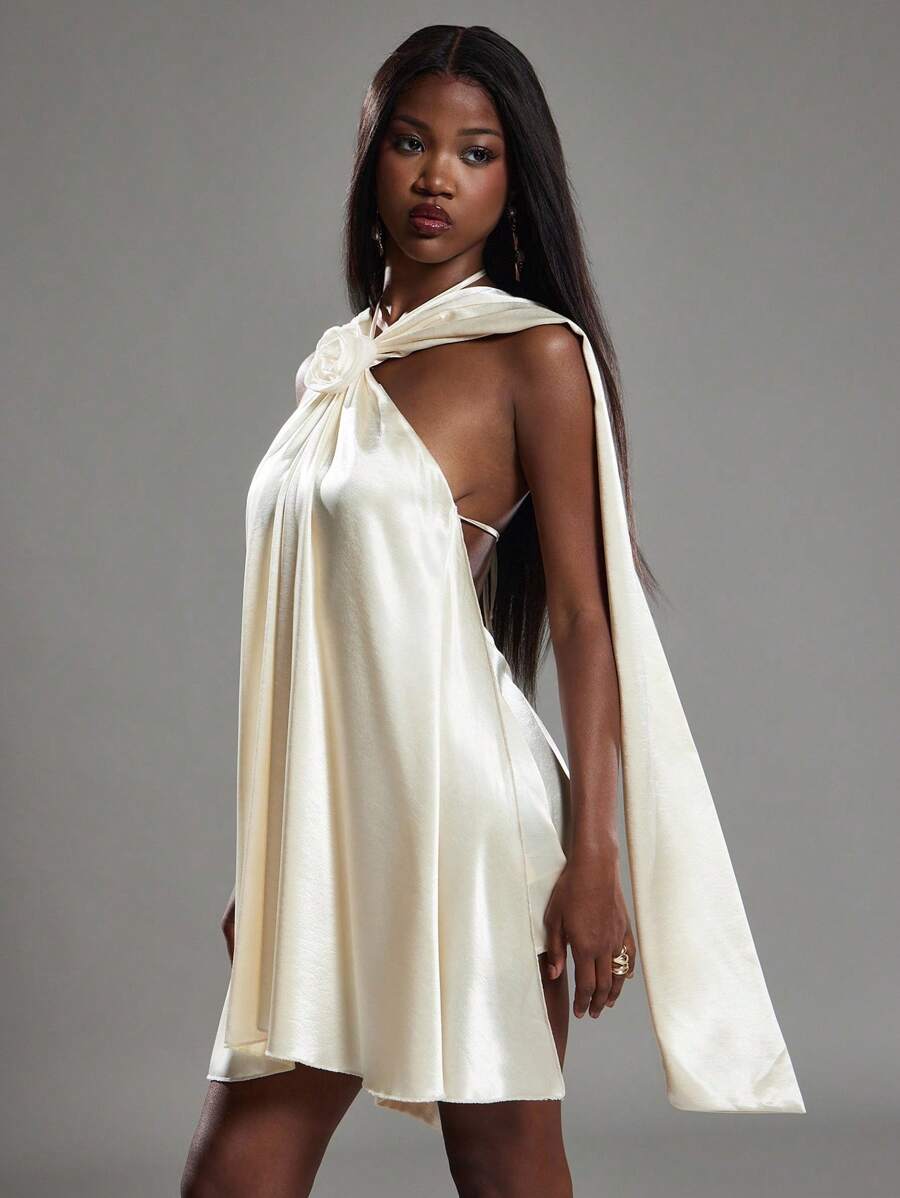 NYA SZN Dress Halter Neck Rose Detail Drape Detail Elegant Formal Wedding Guest Bridal Party Special Occasion Event Ibiza Cool Girl Holiday Satin Mini Length Thanksgiving Christmas NYE New Years Eve Outfits For Women