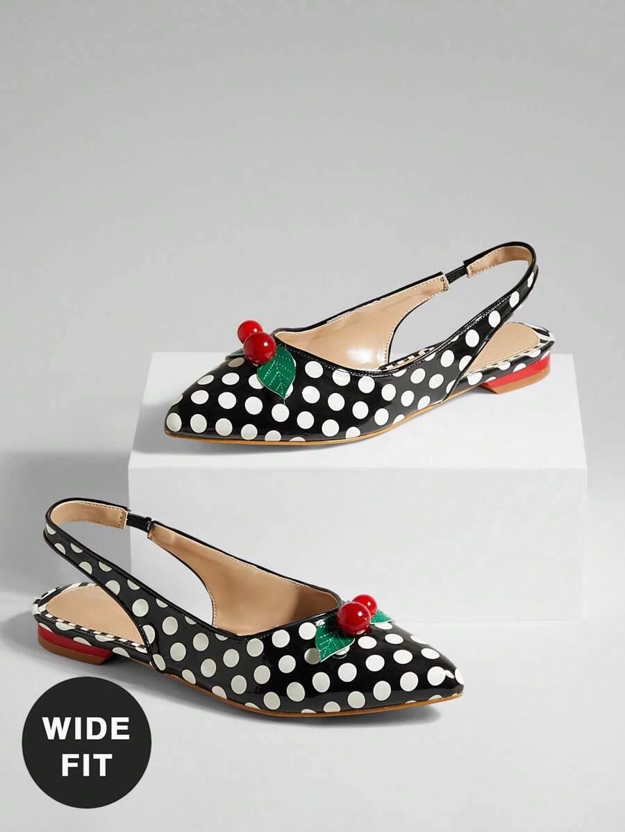 SHUZIA Ladies Wide Fit Polka Dots Print Slingback Flat With Cherry Decor - Multicolor - View 1