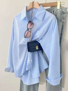 INAWLY Camisa de manga larga a rayas para uso casual/oficina de mujeres