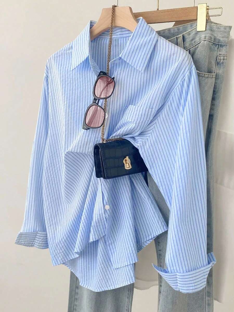 INAWLY Camisa de manga larga a rayas para uso casual/oficina de mujeres