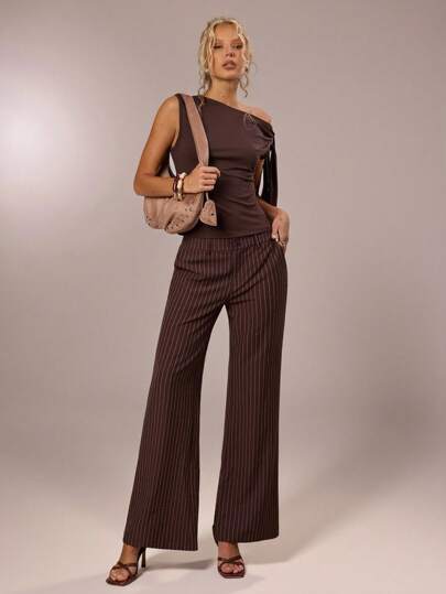SHEIN Forever 21 July 4th, Women's Independence Day/Stockholm Style/Formal/Western-Style Clothing/Business Casual Wear/Elegance/Going Out/Club/Office Wear/Holiday/Work Clothes/Elegance/Cruise/Old Money/Streetwear/Spring Break/Graduation/Wedding Guest/Cocktail/Retro/Women's Brown Striped Slightly Flared Long Trousers